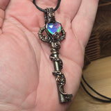Skeleton Key with Rose Cut Heart Aurora Opal Doublet Wire Wrapped Pendant