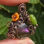 Purple Labradorite Wire Wrapped Pumpkin Pendant - Antiqued Copper Czech Glass