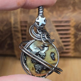 Marcasite Moon Pendant Celestial Wire Wrap - Sterling Silver with Hematite Star