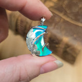 Marcasite Agate Moon – Sterling Silver + Green Blue Aurora Opal