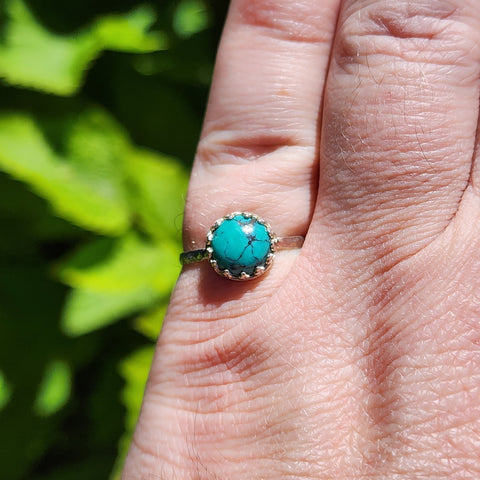 Natural Turquoise Ring sz 7.5 – Sky Blue Cab Matrix Sterling Silver