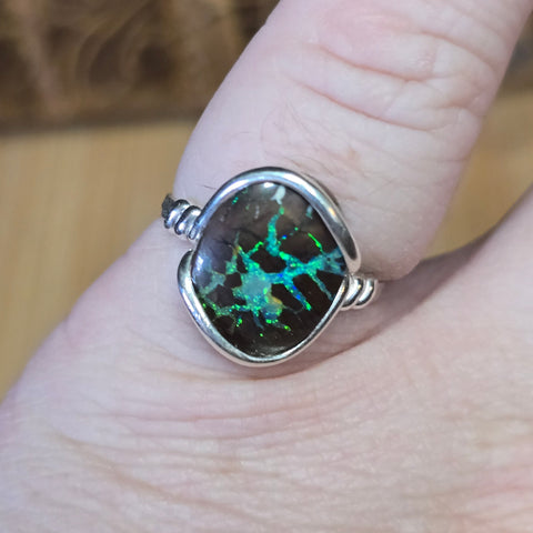 Green Lightning Koroit Boulder Opal Ring Size 8.5 – Sterling Silver