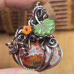 Moroccan Seam Agate Pumpkin Pendant - Copper Wire Wrap Setting
