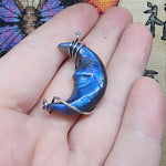 Carved Face Blue Labradorite Crescent Moon Pendant - Sterling Silver with Rose Gold Accent