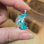 Marcasite Agate Moon – Sterling Silver + Green Blue Aurora Opal