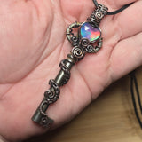 Skeleton Key with Rose Cut Heart Aurora Opal Doublet Wire Wrapped Pendant