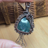 Moss Agate Pendant – Copper Woven Mushroom Spirit