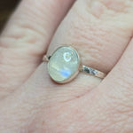 Moonstone Ring sz 11 – Golden + Ice Blue Flash Sterling Silver