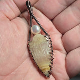 Crazy Lace Agate Pendant Real Pearl - Copper Wire Wrap