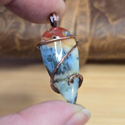 Common Opal with Marcasite Pendant Copper Wrapped - Red Orange Cream White
