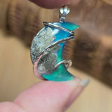 Marcasite Plume Agate Moon Pendant – Sterling Silver + Green Aurora Opal