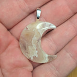 Sky Plume Agate Crescent Moon Pendant - Silver Tone Bail