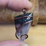 Purple Agate Pendant with Metallic Green Moss - Hammered Copper Necklace