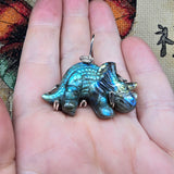 Carved Green Blue Labradorite Dinosaur Triceratops Pendant in Sterling Silver