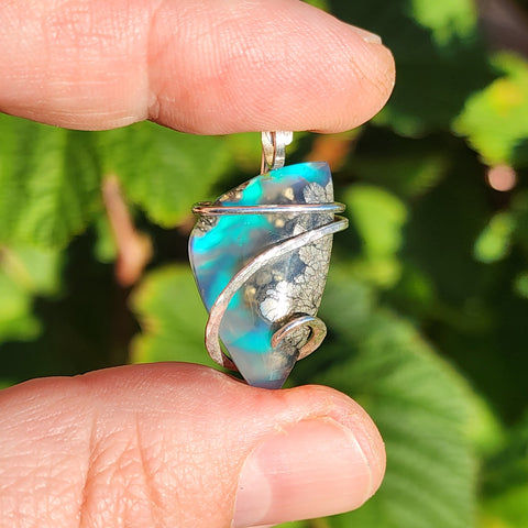 Teal Blue Marcasite Agate with Aurora Opal – Sterling Silver Pendant