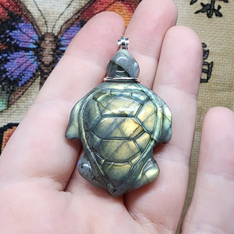 Carved Blue Green Gold Labradorite Sea Turtle Pendant in Sterling Silver