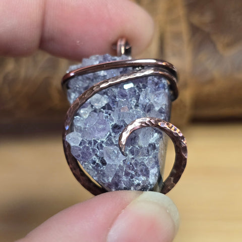 Raw Amethyst Druzy Crystal Pendant - Hammered Copper Wrap