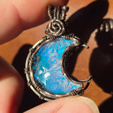 Marcasite Agate + Aurora Opal Moon Pendant – Frost Moon in Copper