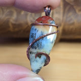 Common Opal with Marcasite Pendant Copper Wrapped - Red Orange Cream White