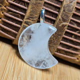 Quartz Crescent Moon Pendant - Translucent Frost Silver Tone Bail