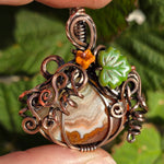 Crazy Lace Agate Pumpkin Pendant – Copper Vine + Czech Glass Leaf