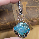 Moss Agate + Aurora Opal Triplet Shell Pendant – Carved Scallop in Antiqued Copper