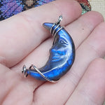 Carved Face Blue Labradorite Crescent Moon Pendant - Sterling Silver with Rose Gold Accent