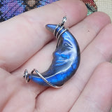 Carved Face Blue Labradorite Crescent Moon Pendant - Sterling Silver with Rose Gold Accent