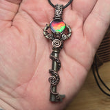 Skeleton Key with Rose Cut Heart Aurora Opal Doublet Wire Wrapped Pendant