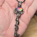 Skeleton Key with Rose Cut Heart Aurora Opal Doublet Wire Wrapped Pendant
