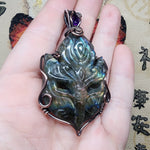 Rainbow Labradorite Masquerade Ball Mask and Amethyst Pendant Necklace in Copper