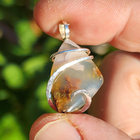 Golden Green Red Moss in White Chalcedony – Sterling Silver Pendant