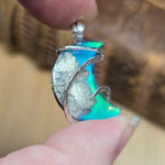 Marcasite Plume Agate Moon Pendant – Sterling Silver + Green Aurora Opal