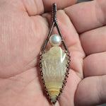 Crazy Lace Agate Pendant Real Pearl - Copper Wire Wrap