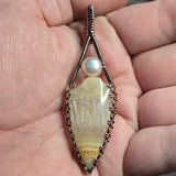 Crazy Lace Agate Pendant Real Pearl - Copper Wire Wrap