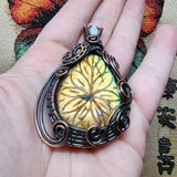 Large Carved Green Gold Orange Labradorite Flower and Austrailian Opal in Copper