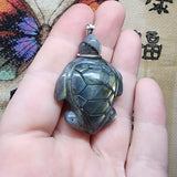 Carved Blue Green Gold Labradorite Sea Turtle Pendant in Sterling Silver