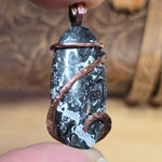 Rare Black and White Fossilized Palm Root Pendant – Copper Setting