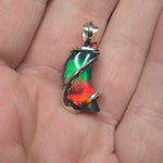 Fiery Aurora Opal Crescent Moon Pendant in Sterling Silver