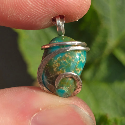 Turquoise Pendant 9ct Chunky Blue-Green - Hammered Sterling Silver