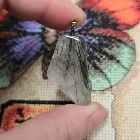 Quartz Pendant with Green Tourmaline Needles