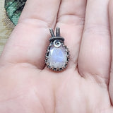 Dainty Rose Cut Rainbow Moonstone Antiqued Sterling Silver Pendant