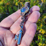 Dark Flash Aurora Opal Key Pendant - Copper Wirewrap Skeleton Key