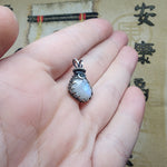 Teal Blue Rose Cut Rainbow Moonstone Antiqued Sterling Silver Pendant