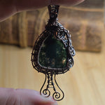 Moss Agate Pendant – Copper Woven Mushroom Spirit