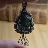 Moss Agate Pendant – Copper Woven Mushroom Spirit