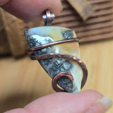 Common Opal with Marcasite Pendant Copper Wrapped - Orange Cream White