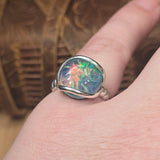 Aurora Opal Ring Size 9 – Sterling Silver Carved Doublet