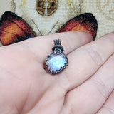 Flashy Rose Cut Rainbow Moonstone Antiqued Sterling Silver Pendant