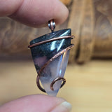 Purple Agate Pendant with Metallic Green Moss - Hammered Copper Necklace